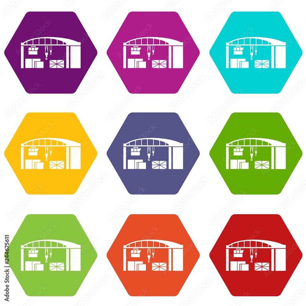 Poster warehouse for loading icons 9 set coloful isolated on white for web