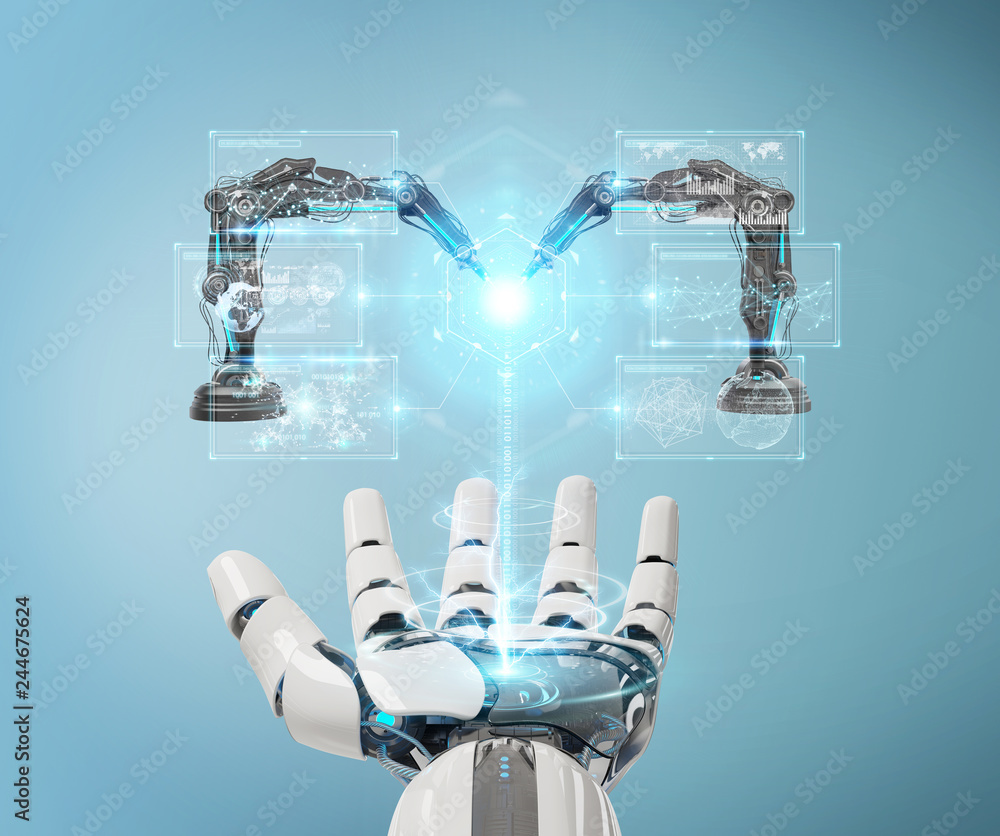 Aufkleber white robot hand using robotics arms with digital screen 3d rendering