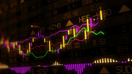 3D rendering of stock indexes in virtual space. Economic growth, recession