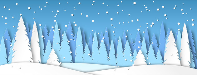 Banner for social networks caps. Winter landscape with snow. Spruce forest in the style of paper cut. Vector illustration