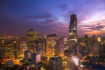 Naklejka premium Top View of City. Cityscape with Car Traffic Light Trial at Twilight Time, Bangkok, Thailand.