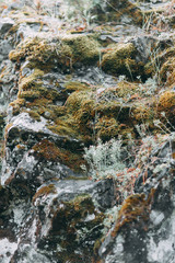 The bends of the river and the beautiful cliffs. Summer nature and texture of the stones with streaks.