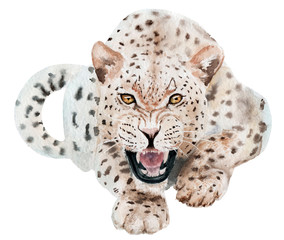 watercolor drawing animal leopard, aggressive, teeth, sketch