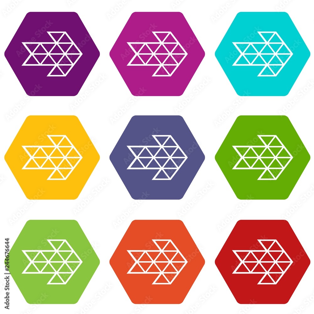 Poster white triangle arrow icons 9 set coloful isolated on white for web