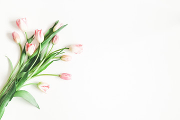 Flowers composition. Pink tulip flowers on white background. Valentines day, mothers day, womens...
