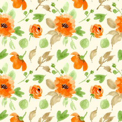 orange green floral watercolor seamless pattern