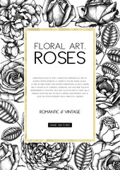 Wedding invitation template. Roses flowers, leaves, budes. Greeting card design with garden plants. Floral vector illustration. Gold foil Frame. Hand drawn botanical elements.