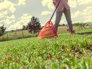 Unusual angle of woman raking leaves