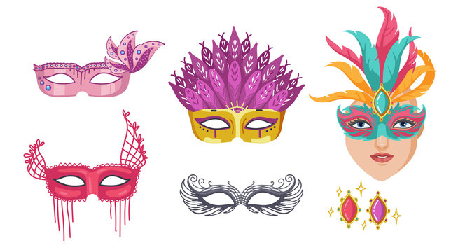 carnival mask Mask for celebration. Venetian style painted carnival face masks collection for party Fantasy or Fancy, decoration or masquerade realistic. Various colors and differences. Vector 