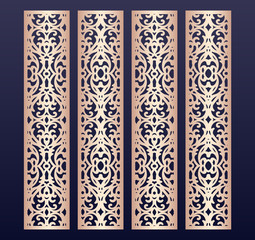 Laser cut decorative lace borders patterns. Set of bookmarks templates. Cabinet fretwork panel. Lasercut metal screen. Wood carving. Vector.