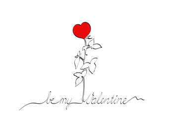 Line drawing of Valentine text and drawing in one. Red rose and text Be my Valentine. Landscape card. White background.