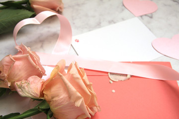 Composition for Valentine's day, envelope, ribbon, rose, heart, pink
