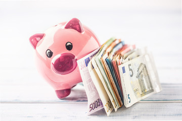 Piggy bank with euro banknotes stacked by value