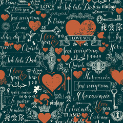 Naklejka premium Vector seamless background with red hearts, keys, keyholes, cupids and love theme letterings. Abstract background in retro style with hand written declarations of love in different languages.