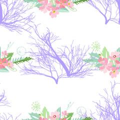 Obraz na płótnie Canvas Seamless pattern with summer flowers and leaves on white background. Herbal pattern in light colors for the design of clothes.