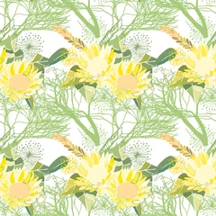 Poster Seamless pattern with summer flowers and leaves on white background. Herbal pattern in light colors for the design of clothes. © Rasveta