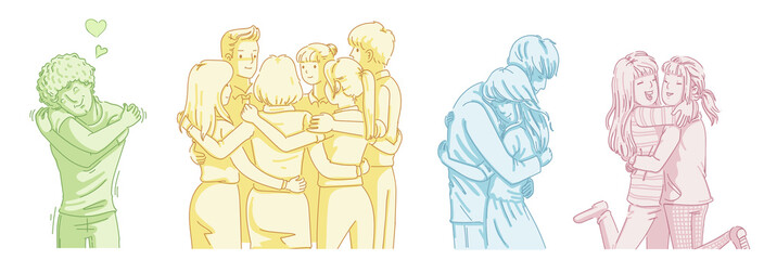 hug Different gestures embraced. Couples, friends, team and myself. Diversity of people. Cartoon vector illustration isolated on a white background. Simple hand-drawn style.