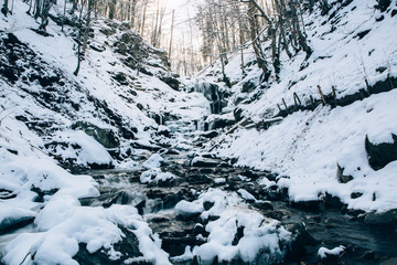 Beautiful winter Shypit Waterfal and rocks
