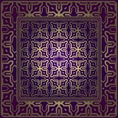 Decorative Ornament With Geometric Decoration. Symmetric Pattern . For Print Bandanna, Shawl, Tablecloth, Fabric Fashion, Scarf, Design. Purple, gold color