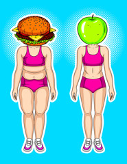Color vector modern collage with elements of pop art style. Burger against green apple. Conceptual bright poster about losing weight. A woman's transformation from fat to slim. Food and weight loss