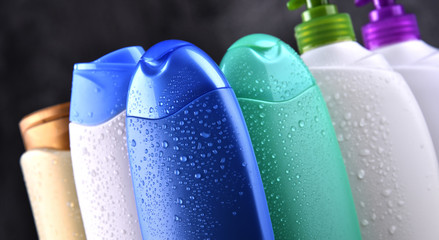 Plastic bottles of body care and beauty products