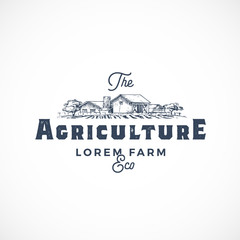 Agriculture Farm Abstract Vector Sign, Symbol or Logo Template. Farm Landscape Drawing Sketch with Retro Typography. Rural Fields and Buildings Vintage Luxury Emblem. © createvil