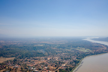 Top view of Pakse Bridge and Mekong River in Laos