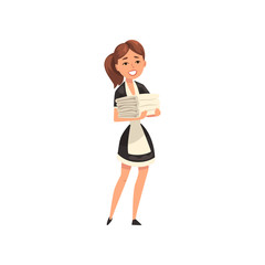 Smiling maid stack of clean laundry, housemaid character wearing classic uniform with black dress and white apron, cleaning service vector Illustration