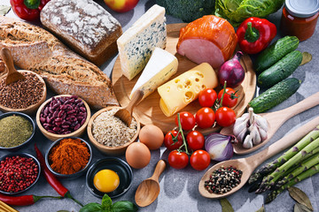 Composition with assorted organic food products on the table