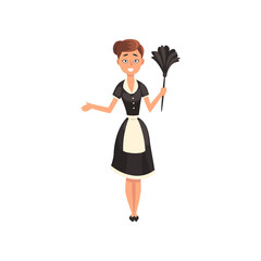 Maid wearing uniform with duster, housemaid character wearing classic uniform with black dress and white apron, cleaning service vector Illustration