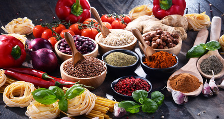 Composition with assorted organic food products on the table