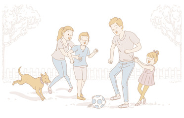 playing football Family playing football In the garden at home lawn. smiling faces have fun. Spring of sports. People playing outdoor activities.People having fun and enjoying sports. 