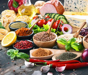 Composition with assorted organic food products on the table