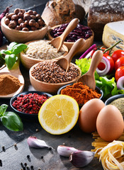 Composition with assorted organic food products on the table