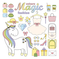 Set magic cute unicorn. Set of fashion elements. Fashion stickers collection. Vector illustration.
