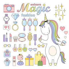 Set magic cute unicorn. Set of fashion  elements. Fashion stickers collection. Vector illustration.