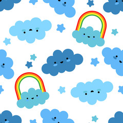 Seamless background with funny clouds. Kawaii. Cute cartoon. Vector illustration. Can be used for wallpaper, textile, invitation card, wrapping, web page background.
