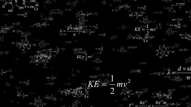 Formulas slowly fly to the camera.Business concept - sketch with schemes and graphs on chalkboard. 3D Graphics cartoon formula