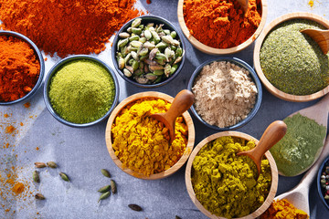 Variety of spices on kitchen table