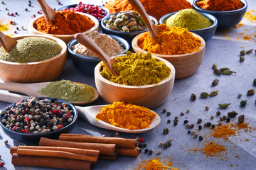 Variety of spices on kitchen table