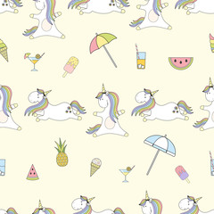 Magic cute unicorn on the beach Seamless Vector Pattern. Vector background