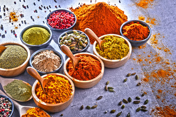 Variety of spices on kitchen table