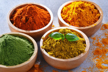 Variety of spices on kitchen table