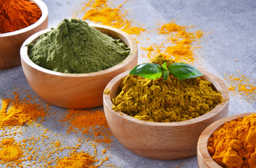 Variety of spices on kitchen table
