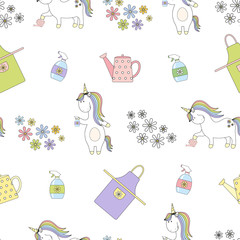 Magic cute unicorn in the garden Seamless Vector Pattern. Vector background
