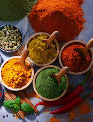 Variety of spices on kitchen table