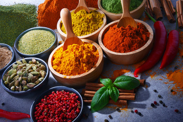 Variety of spices on kitchen table