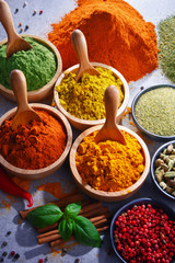 Variety of spices on kitchen table