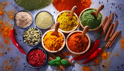 Variety of spices on kitchen table