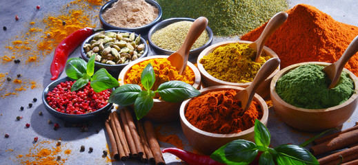 Variety of spices on kitchen table
